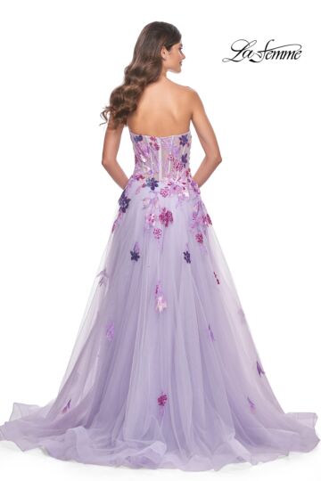 La Femme 32156 Floral Embroidery Strapless Corset Dress