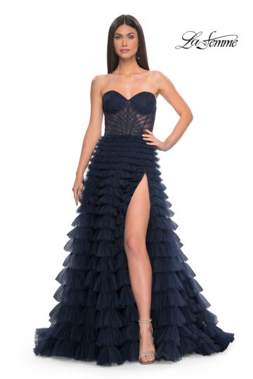 La Femme 32283 Ruffle Skirt Illusion Ruched Corset Dress