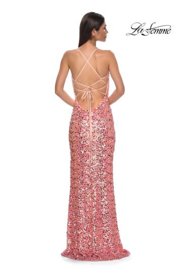 La Femme 32550 High Slit Lace-Up Back Sequin Dress