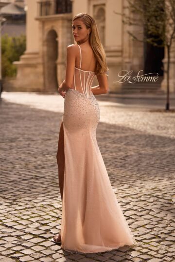 La Femme 32840 Illusion Back Cutaway Slit Embellished Dress