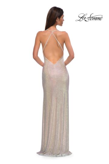 La Femme 32915 Cowl Neck Criss Cross Back Glitter Dress