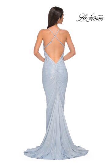 La Femme 32973 Criss Cross Back Ruched Metallic Dress