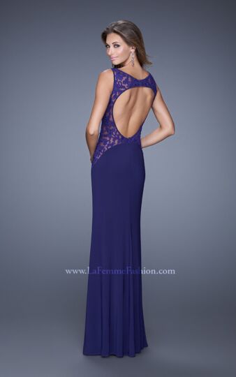La Femme 20894 Indigo Blue Cutout Back High Slit Dress