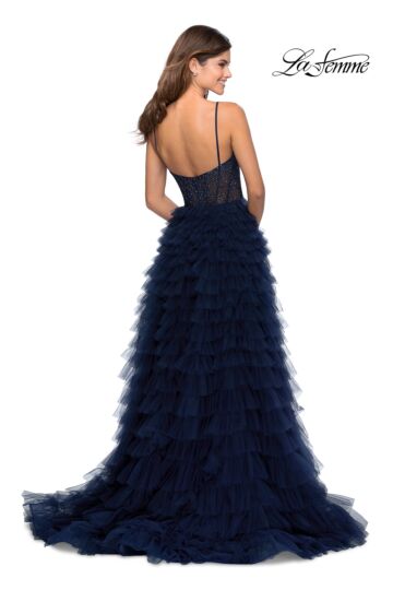 La Femme 28788 Ruffle Tulle Skirt Spaghetti Strap Dress