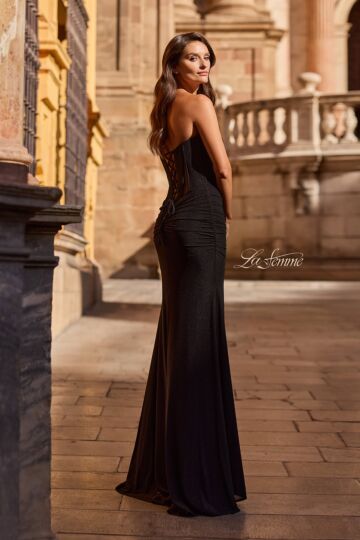 La Femme 33199 Black Strapless Lace-Up Dress