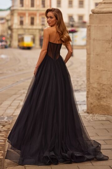 La Femme 33491 Black High Slit A-line Dress