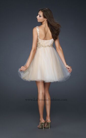 La Femme 17500 White Nude Empire Waist Scoop Neck Dress