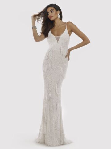 Lara 29892 Plunging Neckline Beaded Fringe Dress