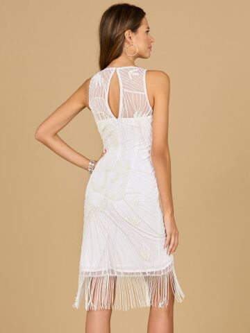 Lara 51146 Fringe Hem Illusion Neckline Short Bridal Dress