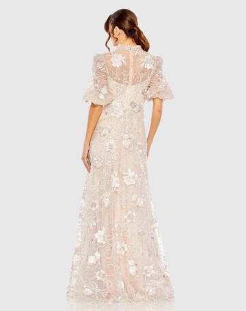 Mac Duggal 20452 Sheer Sleeve Stand-Up Collar A-Line Dress