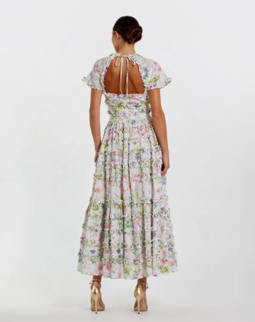 Mac Duggal 8079 Cutout Back Ruffle Floral A-Line Evening Dress