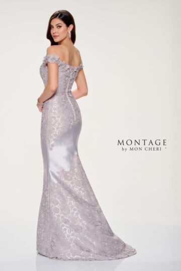 Montage by Mon Cheri M846 Off-The-Shoulder Lace Applique Dress