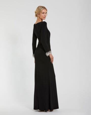 Mac Duggal 49896 Beaded Cuff Bateau Neck Formal Gown