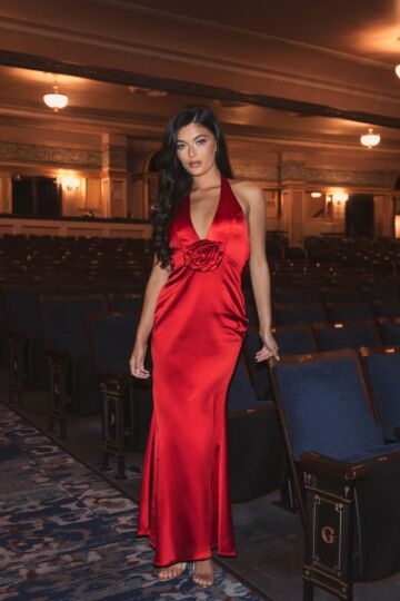 Mac Duggal 49913 Halter Neck Cowl Back Rosette Satin Dress