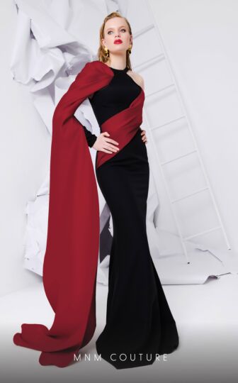MNM Couture E0072 One Sleeve High Neck Two Tone Dress