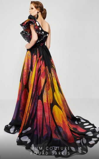 MNM Couture 2381 Long Overskirt One Shoulder Butterfly Print Dress