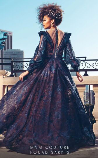 MNM Couture 2522 Bishop Sleeve Illusion Neckline Embroidered Dress