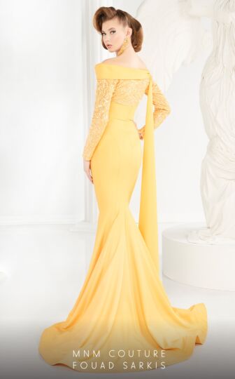 MNM Couture 2578 Asymmetrical Neckline Long Sleeve Dress