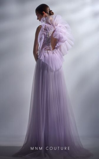 MNM Couture G1284 Illusion Bodice High Slit Ruffle Dress