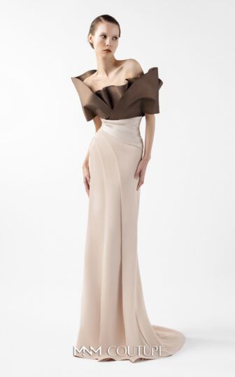MNM Couture G2000 Crumbcatcher Neck Draped Bodice Gold Dress