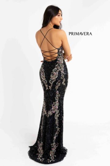 Primavera Couture 3211 Lace-Up Back Beaded V-Neck Dress