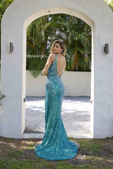 Primavera Couture 4333 V-Back High Slit Beaded Dress