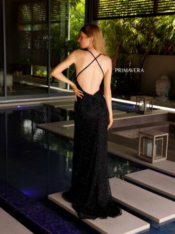 Primavera Couture 4109 High Slit Beaded Cross Back Dress