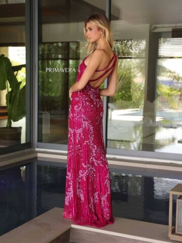 Primavera Couture 4124 Strappy Back Beaded One-Shoulder Dress