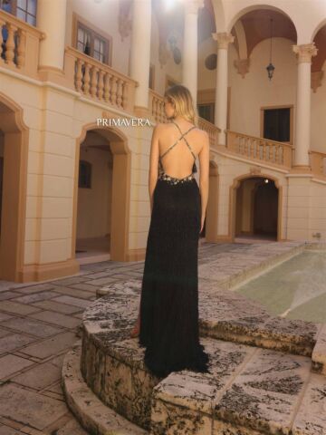 Primavera Couture 4145 Cross Back High Slit Fringe Dress