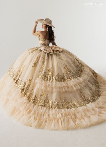 Rachel Allan RQ6012 Bow Back Tiered Skirt Embellished Dress