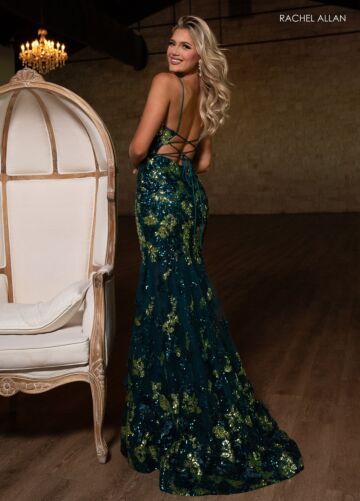 Rachel Allan 70858 Lace-Up Back Floral Sequin Trumpet Dress
