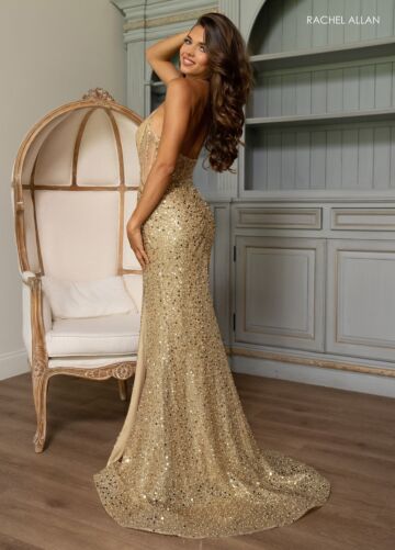 Rachel Allan 70872 Sequin Skirt Halter Strap Embellished Dress