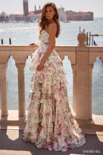 Sherri Hill 57614 Ruched Bodice High Slit Floral Dress