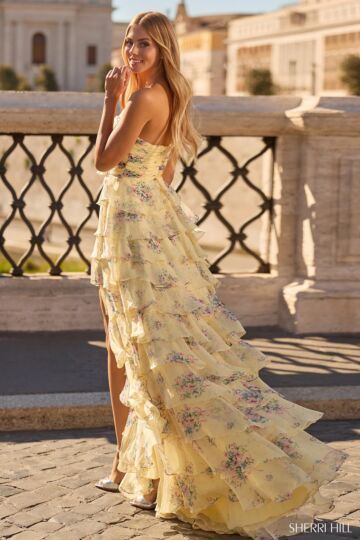 Sherri Hill 57907 High Slit Tiered Ruffle Skirt Floral Dress
