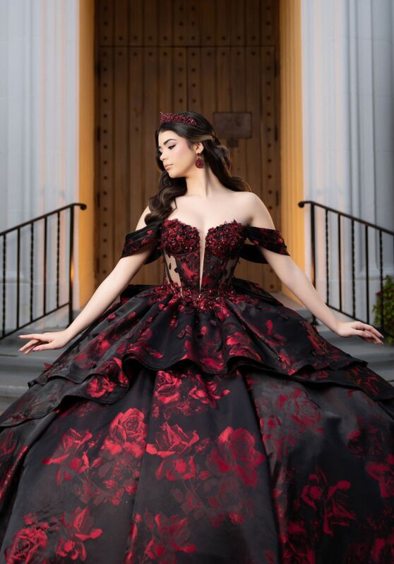 Mori Lee 4080047 Carmela Black Red Plunging Neck Quinceanera Dress