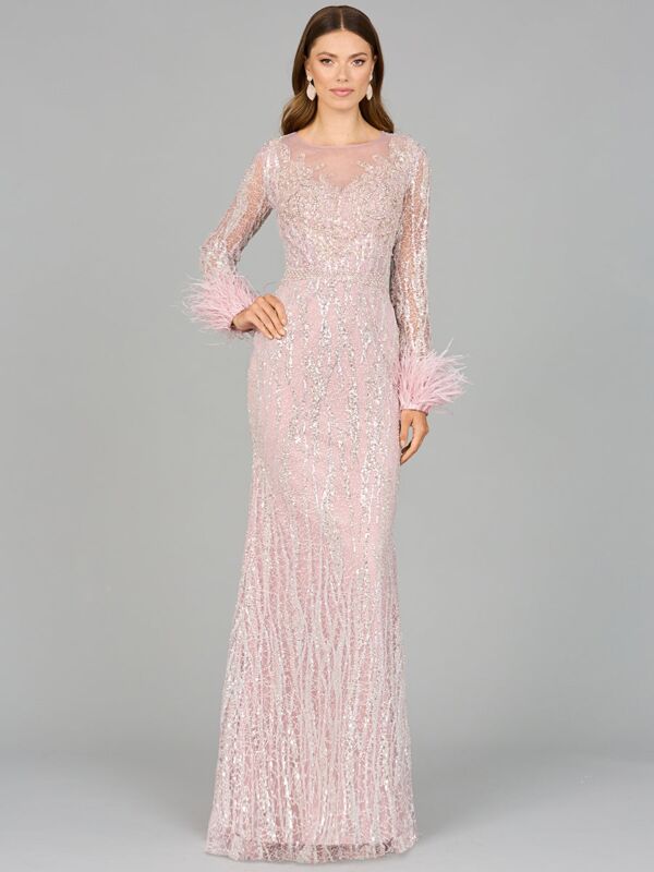Lara 29049 Feather Cuffs Sheer Neckline Lace Dress