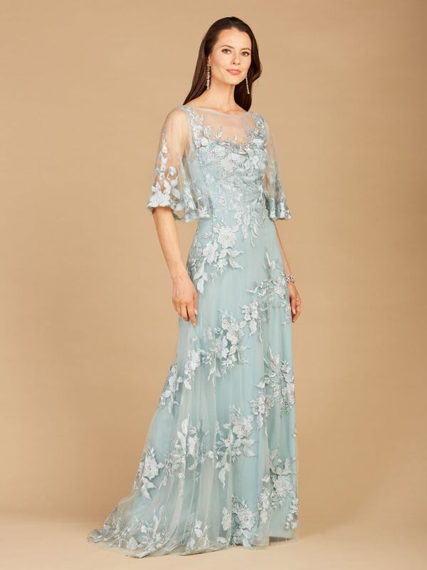 Lara 29772 Butterfly Sleeves Sheer Neckline Floral Dress