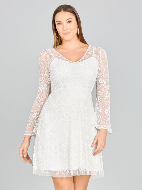 Lara 33414 Illusion Sleeves V-Neck Short Wedding Dress