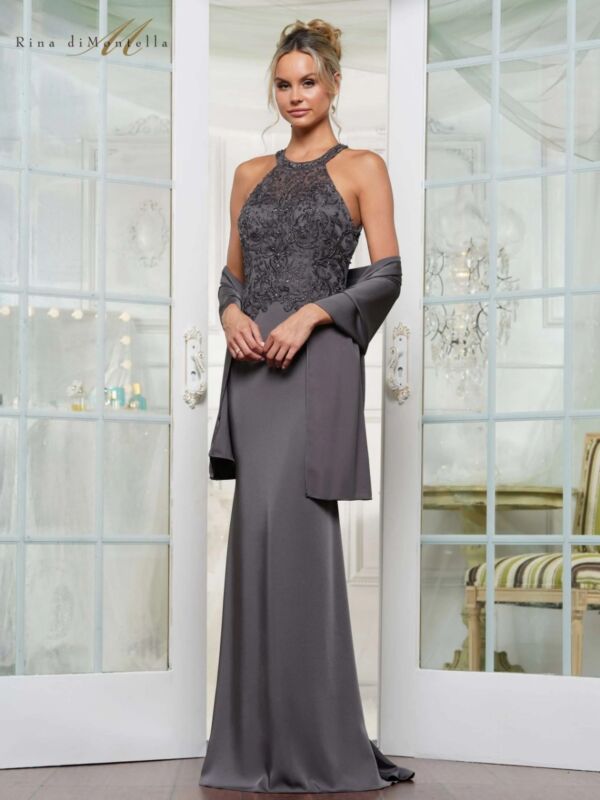 Rina Di Montella RD2755 Halter Neckline Lace Bodice Dress
