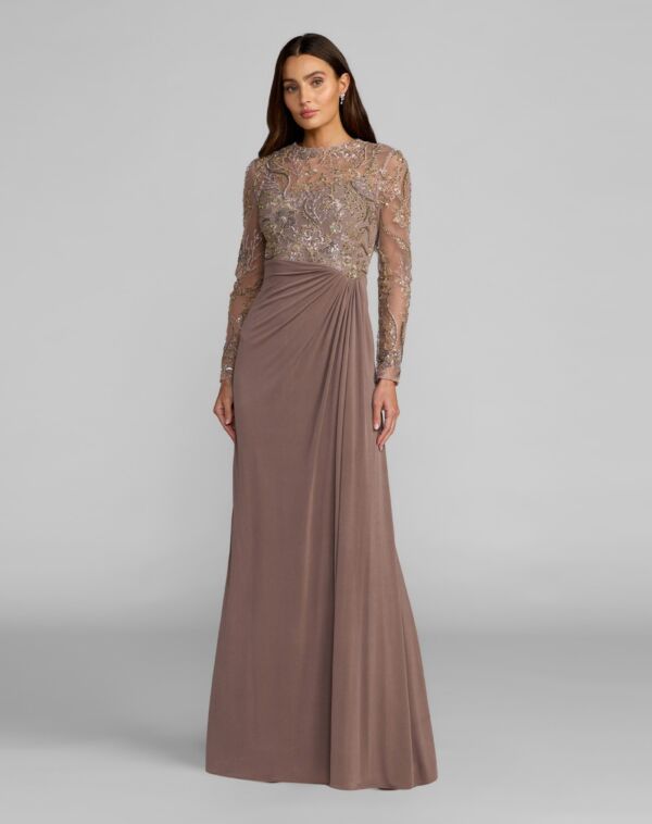 Mac Duggal 69121 Illusion Sleeve Draped Skirt Golden Brown Dress