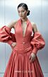 MNM Couture E0163 Plunging Halter Neck Taffeta Coral Dress