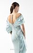 MNM Couture G2024 Asymmetric Draped Sleeve Sheer Neck Crepe Dress