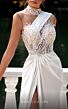 MNM Couture K3938 Illusion Top High Slit Cape Train Dress