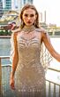 MNM Couture M1141 Jewel Neck Beaded Silver Cape Dress