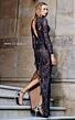 MNM Couture N0293 High Neck Long Sleeve Beaded Fringe Dress