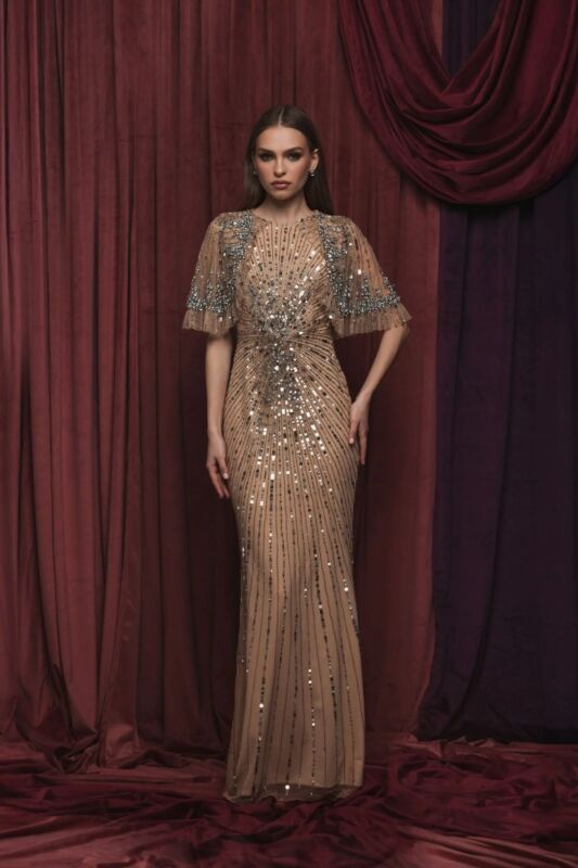 Mac Duggal 23044 Cape Sleeve Back Slit Beaded Evening Gown
