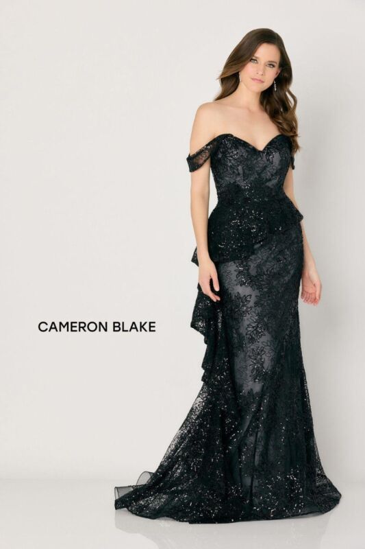 Cameron Blake CB791 Asymmetric Peplum Off-The-Shoulder Dress