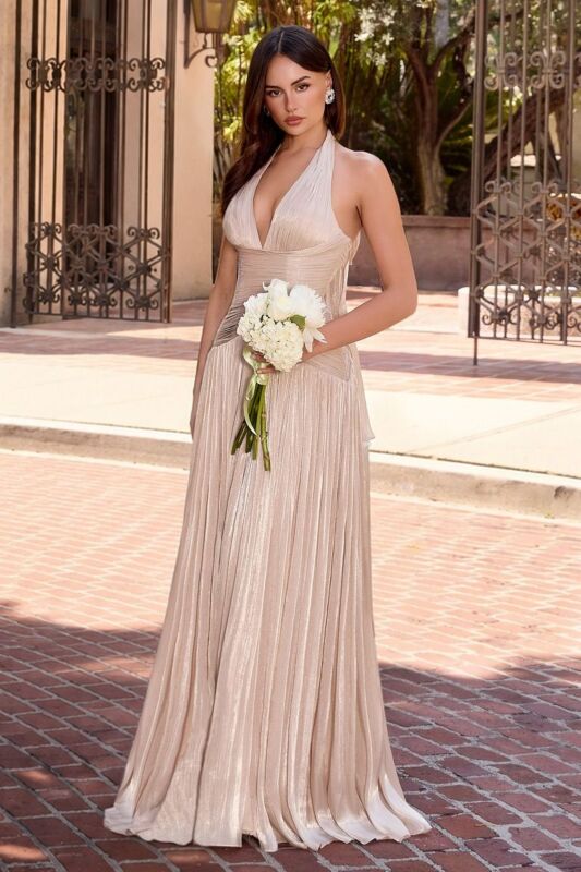 LaDivine CD412 Plunging Halter Neckline Ruched Dress