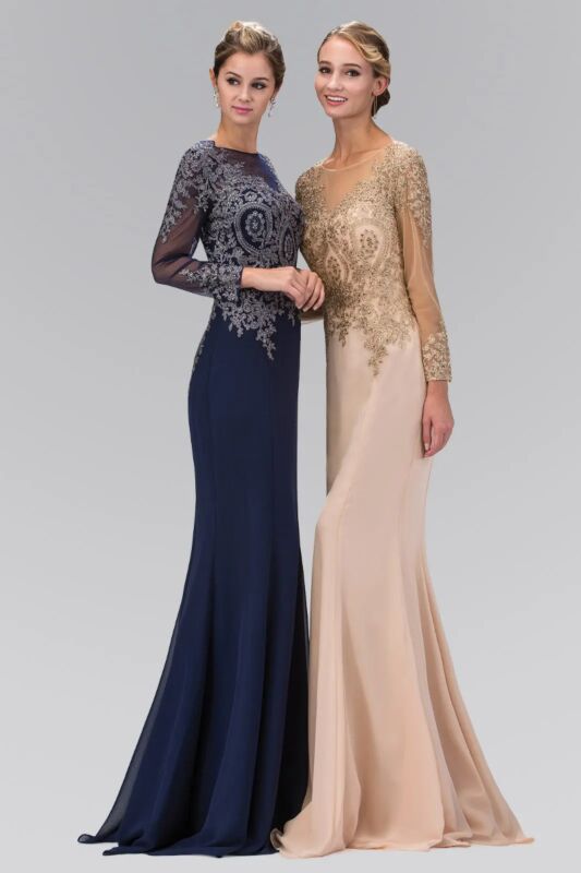 Elizabeth K GL1368 Long Sleeve Jewel Neck A-Line Dress