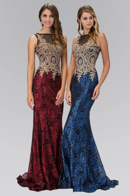 Elizabeth K GL1319 Bateau Neckline Sequin Embroidery Dress